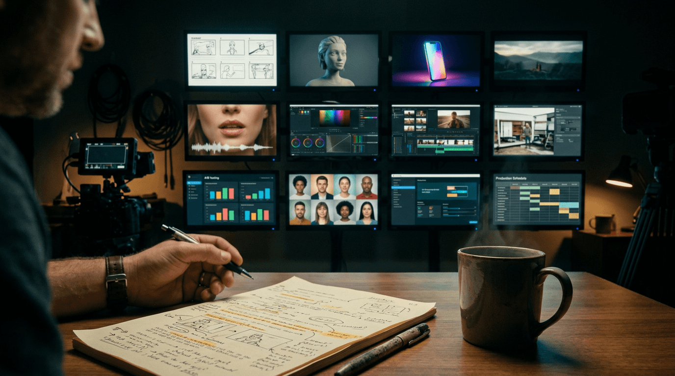 Hero image — a director's desk at night, twelve small monitor tiles each showing a different ad-production task (storyboard frames, a dubbed lip-sync closeup, an A/B test dashboard, a synthetic focus-group avatar grid)