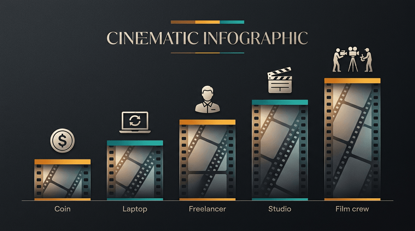 Bar-chart style graphic — "cost per FINISHED minute" comparing raw credits, DIY with iterations, freelancer, AI studio, traditional agency