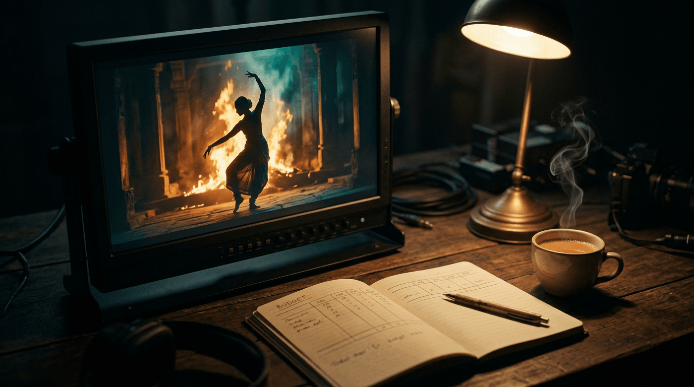 Closing image — director's monitor in a dark studio showing a finished cinematic frame, a notebook with a budget worksheet beside it, warm practical lighting