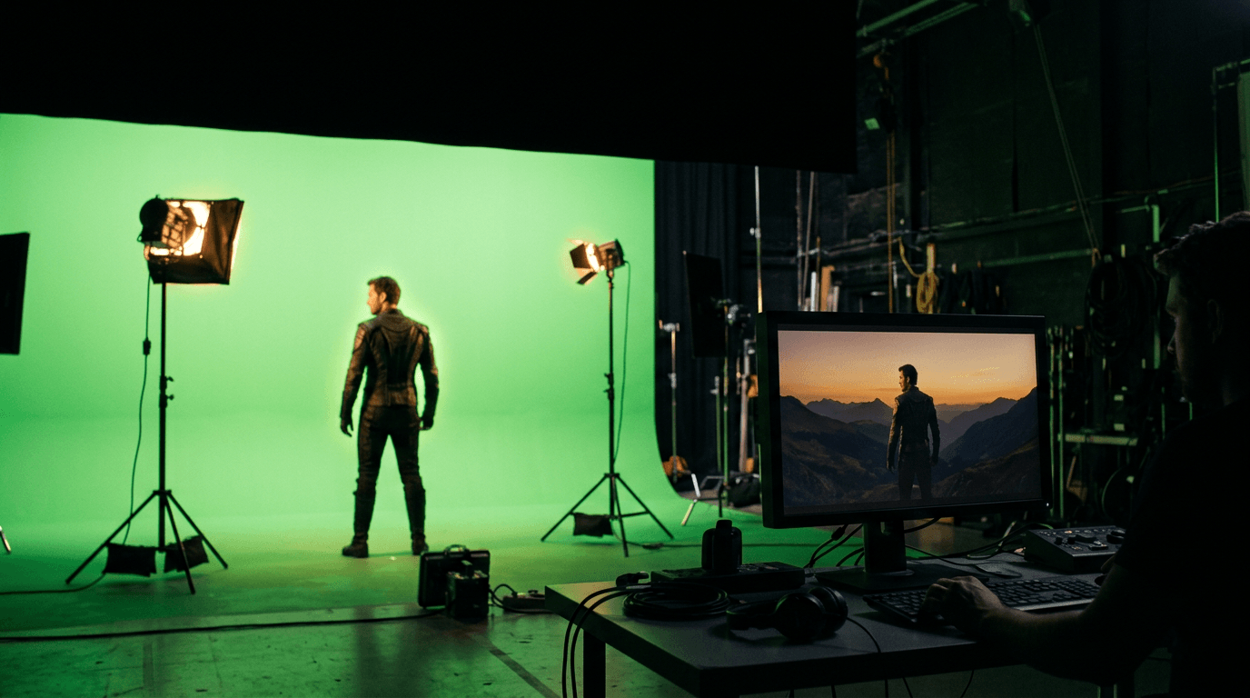 Hero. A split film-set moment: an actor lit for a key in front of a bright green screen on one side of the stage, while on the other side a compositor's monitor shows the same actor already placed digitally into a vast generated environment
