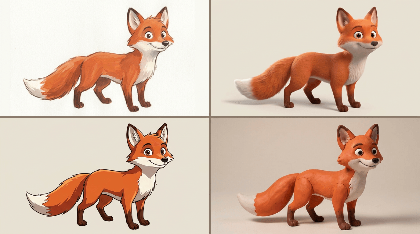 Four-panel style grid showing the same fox character rendered in painterly 2D, stylized 3D, anime, and stop-motion clay aesthetics