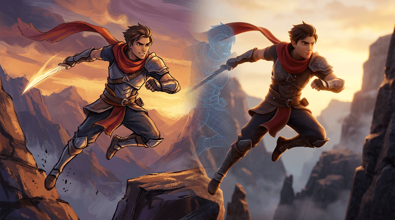 Hero image showing a split cinematic frame: left half a hand-painted 2D animation character mid-leap, right half the same character rendered as stylized 3D, connected by a subtle wireframe transition down the middle