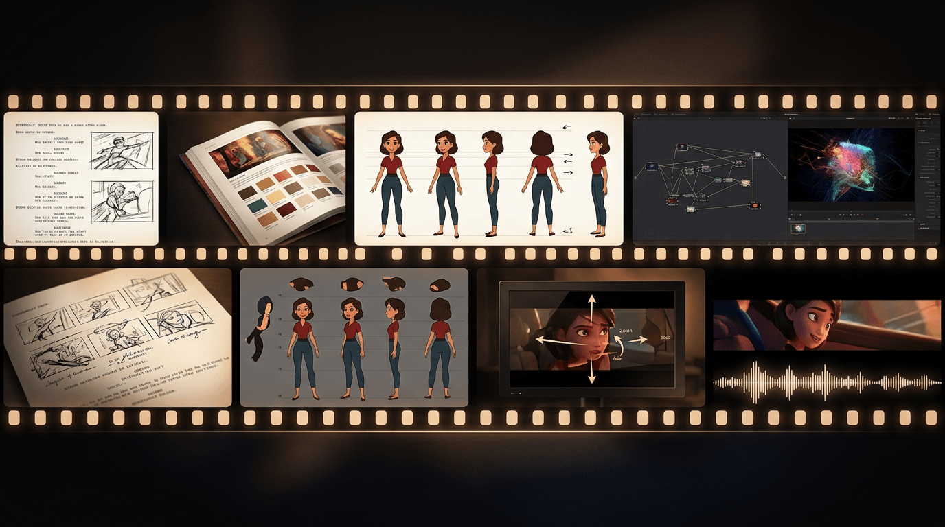 Horizontal pipeline diagram showing six stages from script to final film, rendered as a filmstrip