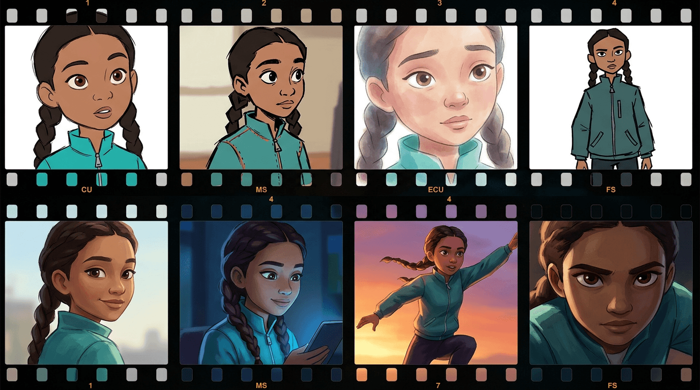 Side-by-side comparison strip showing character drift vs locked consistency across four sequential shots
