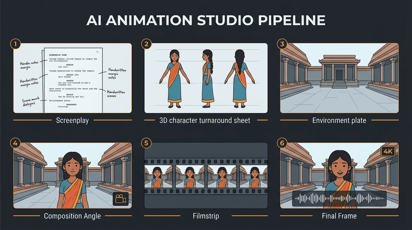 Six-panel pipeline diagram showing the studio method: script page → character turnaround sheet → environment plate → character placed in scene per camera angle → motion generation filmstrip → lip-sync/upscale final frame
