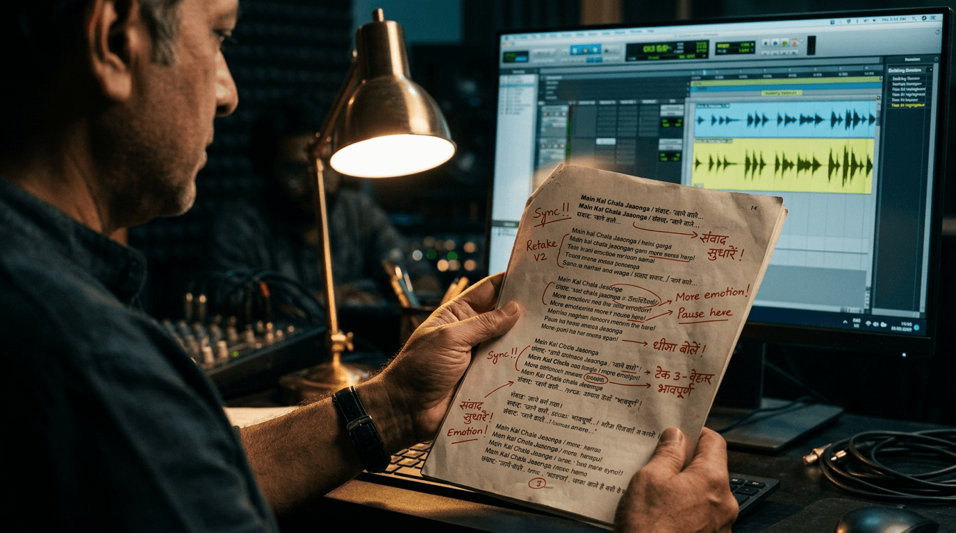 A human director in a dark studio gesturing at a waveform on screen while a script with handwritten corrections lies on the desk, conveying human-in-the-loop craft.