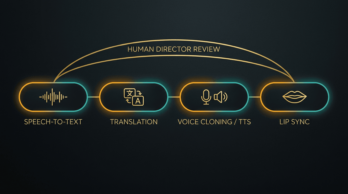 Clean horizontal pipeline diagram showing the four stages: Speech-to-Text → Translation → Voice Cloning/TTS → Lip Sync, with a "human director review" loop drawn over all four.