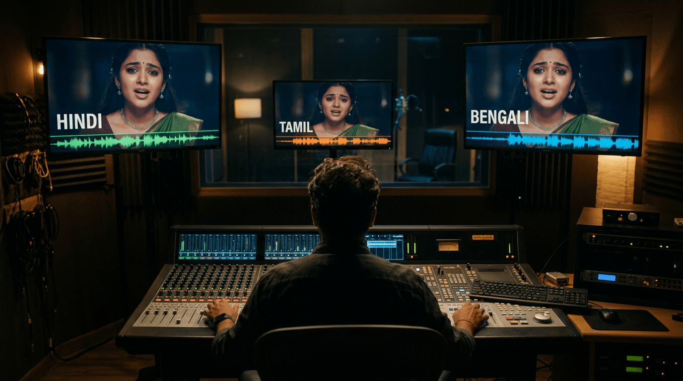 Hero image. A film director at a mixing desk watching the same actor's face on three monitors, each labeled with a different Indian language waveform (Hindi, Tamil, Bengali), warm studio light.