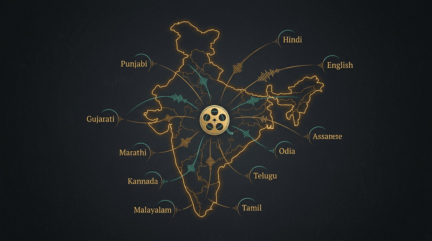 Stylized map of India radiating audio waveforms in different colors from major regions, each waveform labeled with a language name, one master film reel at the center.