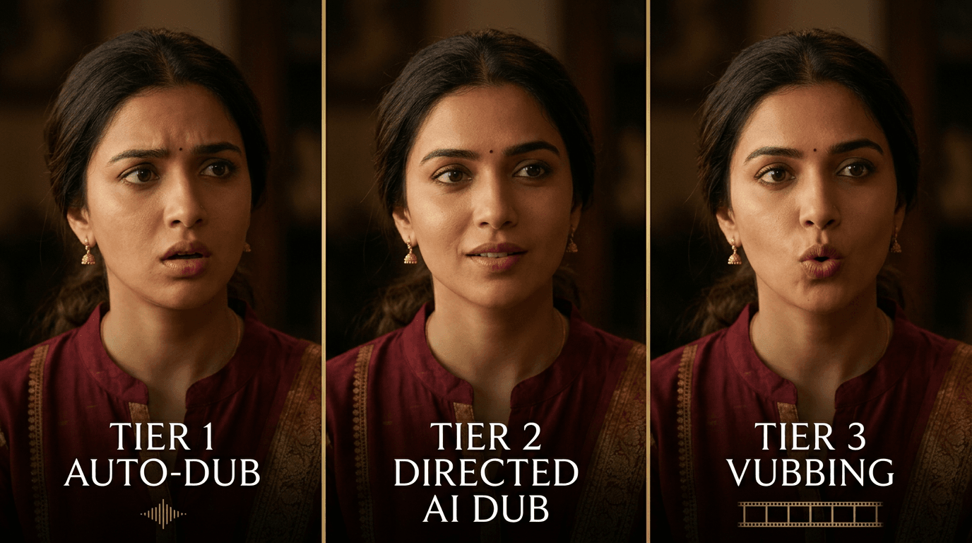Three-panel visual showing the same actress's face at three quality tiers: audio-only dub with mismatched lips, directed dub with better voice match, and vubbing panel with perfectly matched lip movement.