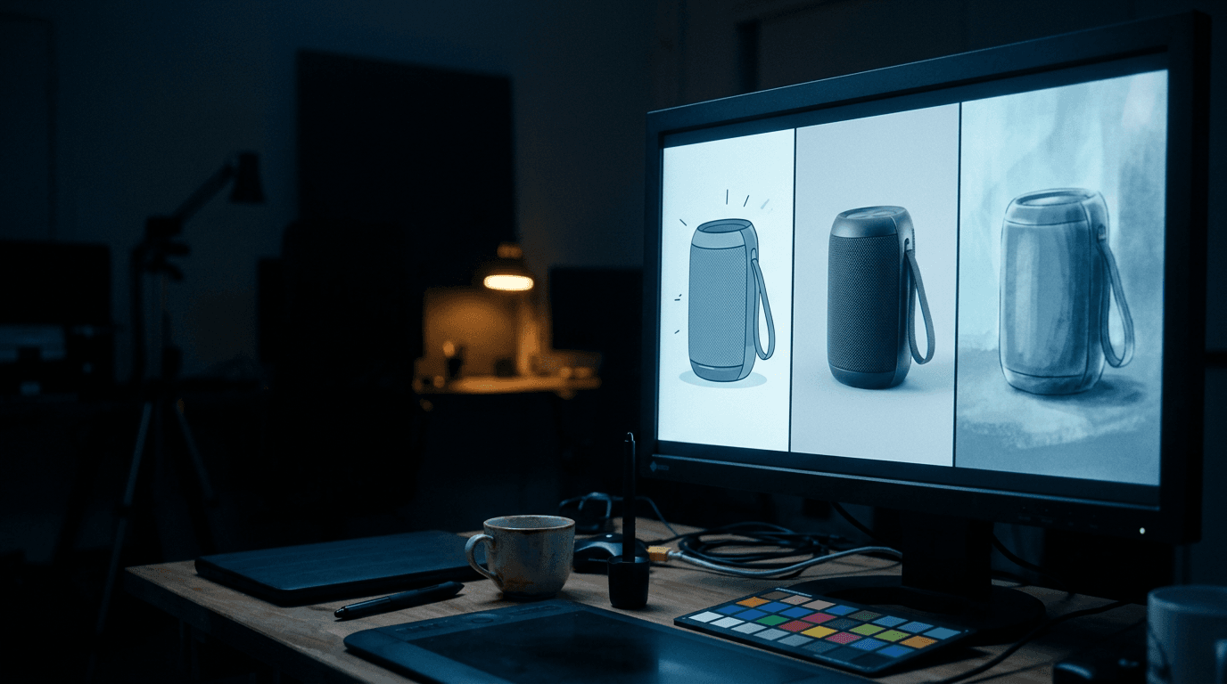 the same object rendered three ways side by side on a
studio review monitor
