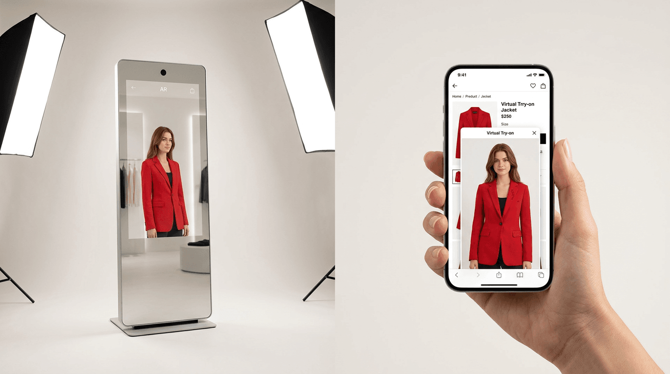 Split illustration comparing an in-store smart mirror kiosk with a smartphone showing a web try-on widget