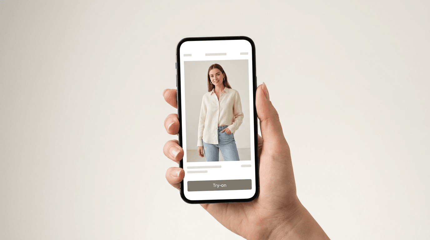 Mobile product page for a small apparel brand showing a virtual try-on button and a rendered composite