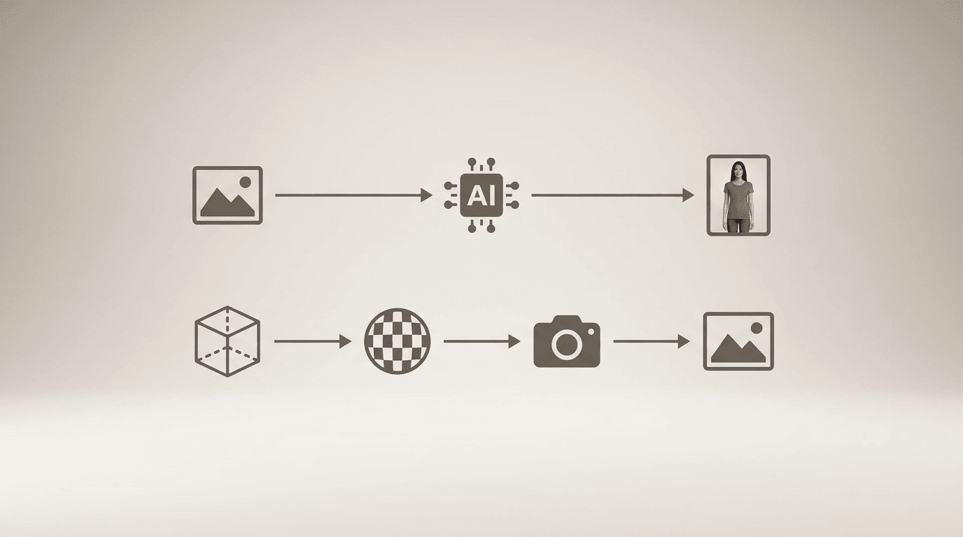 diagram of the two asset pipelines, photo-in versus 3D-model-in