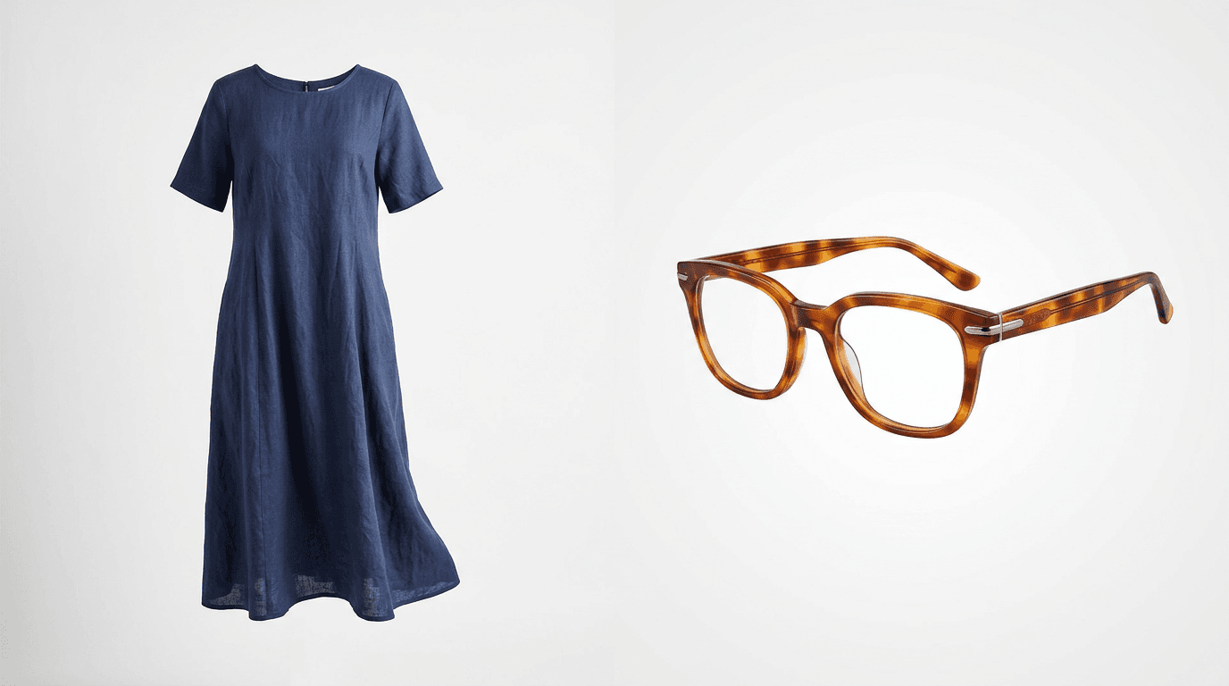 a dress and a pair of eyeglasses side by side against a neutral studio backdrop, visually captioned as the AI side and the AR side of the decision