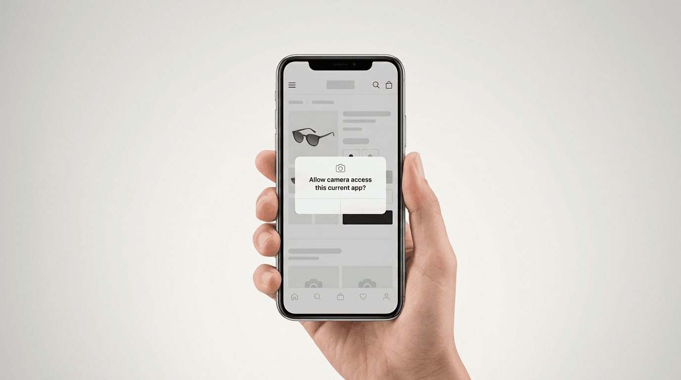 a phone screen showing a browser camera permission dialog sitting over an ecommerce product page