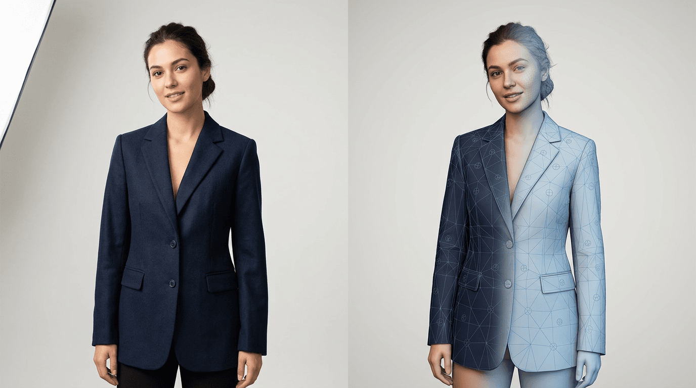 split frame, the same person wearing the same jacket, left side generated by AI image synthesis, right side an AR overlay render