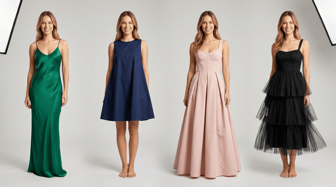 A drape comparison across dress silhouettes on the same body.