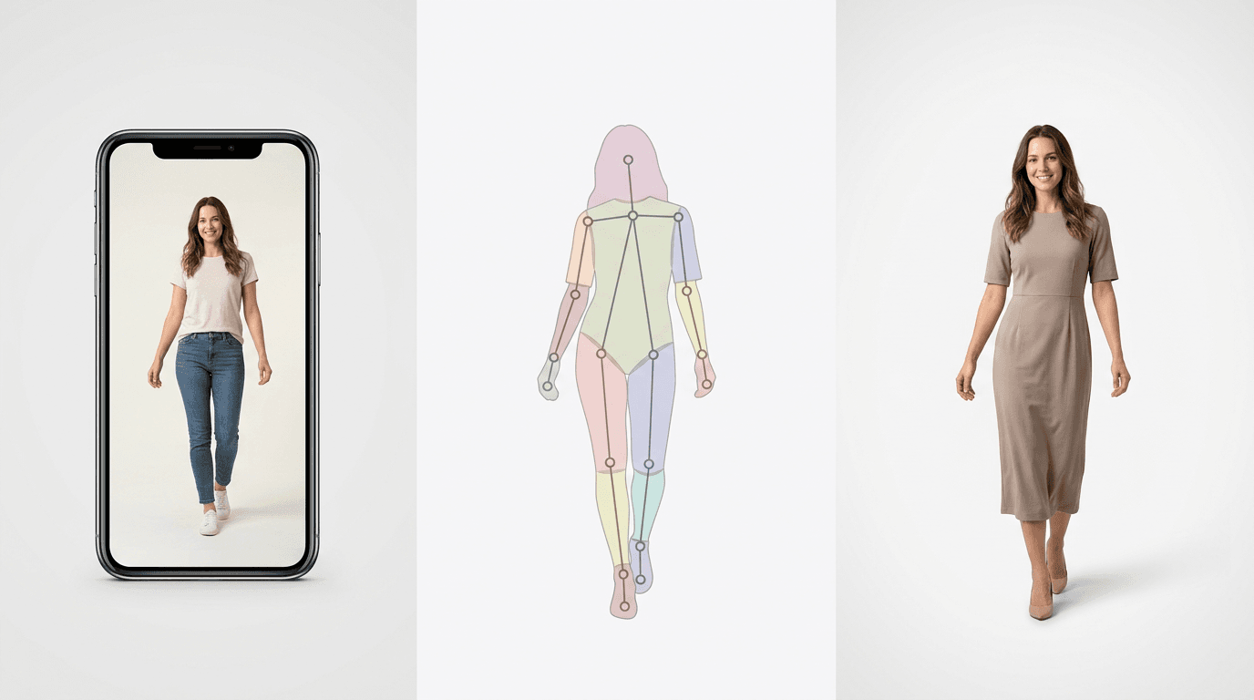 A three-panel diagram of the virtual try-on pipeline, showing photo input, body-map read, and rendered garment output.