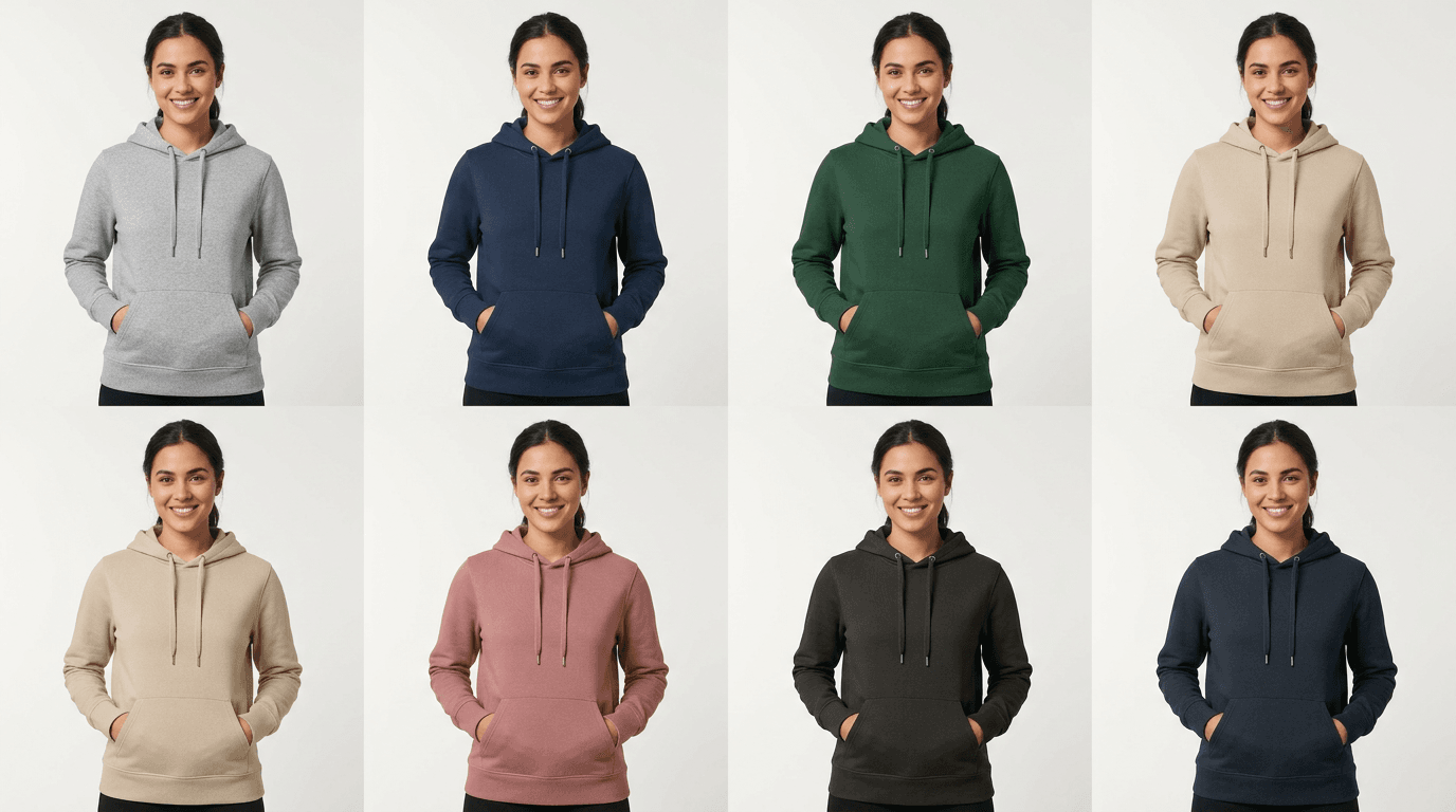 catalog grid, one hoodie across six colorways, identical lighting and framing