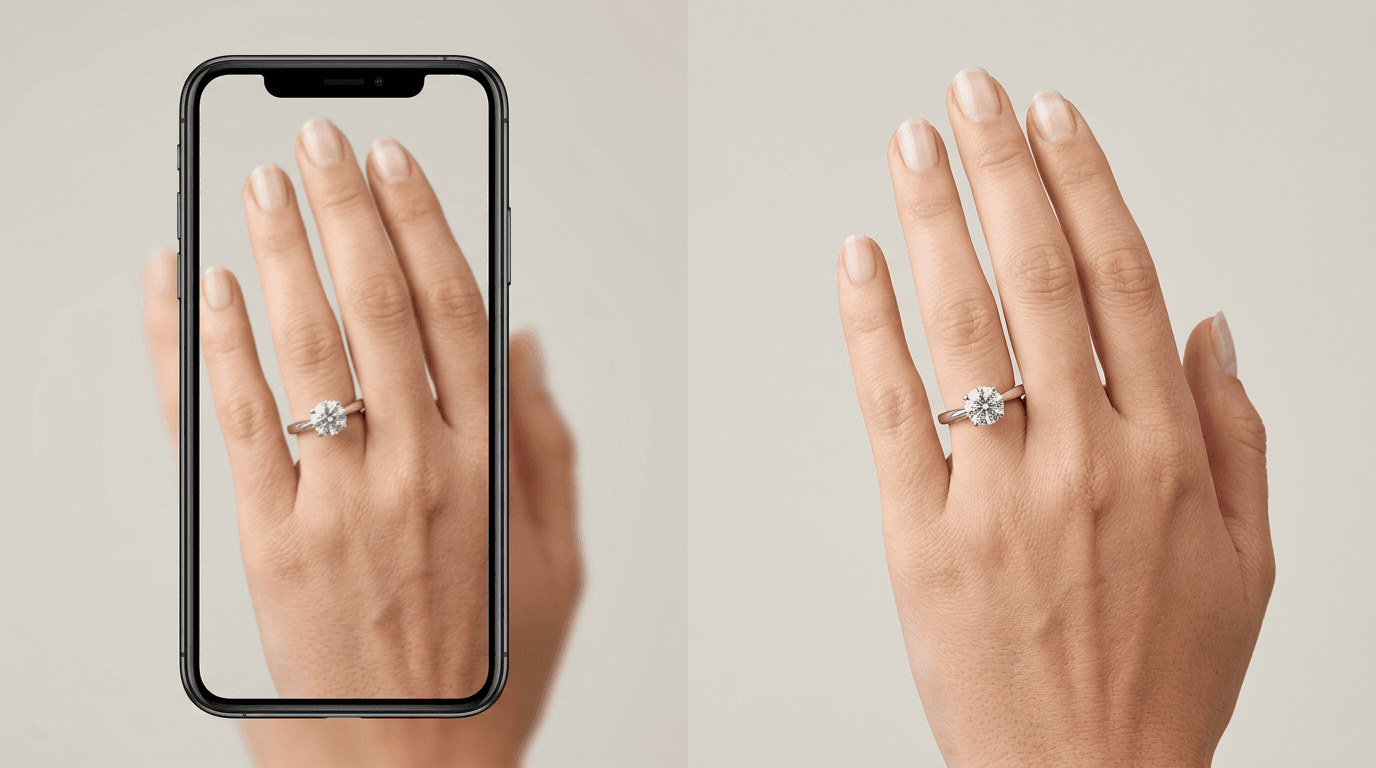 Side-by-side comparison of an AR live camera ring preview and an AI-generated photo-upload ring preview