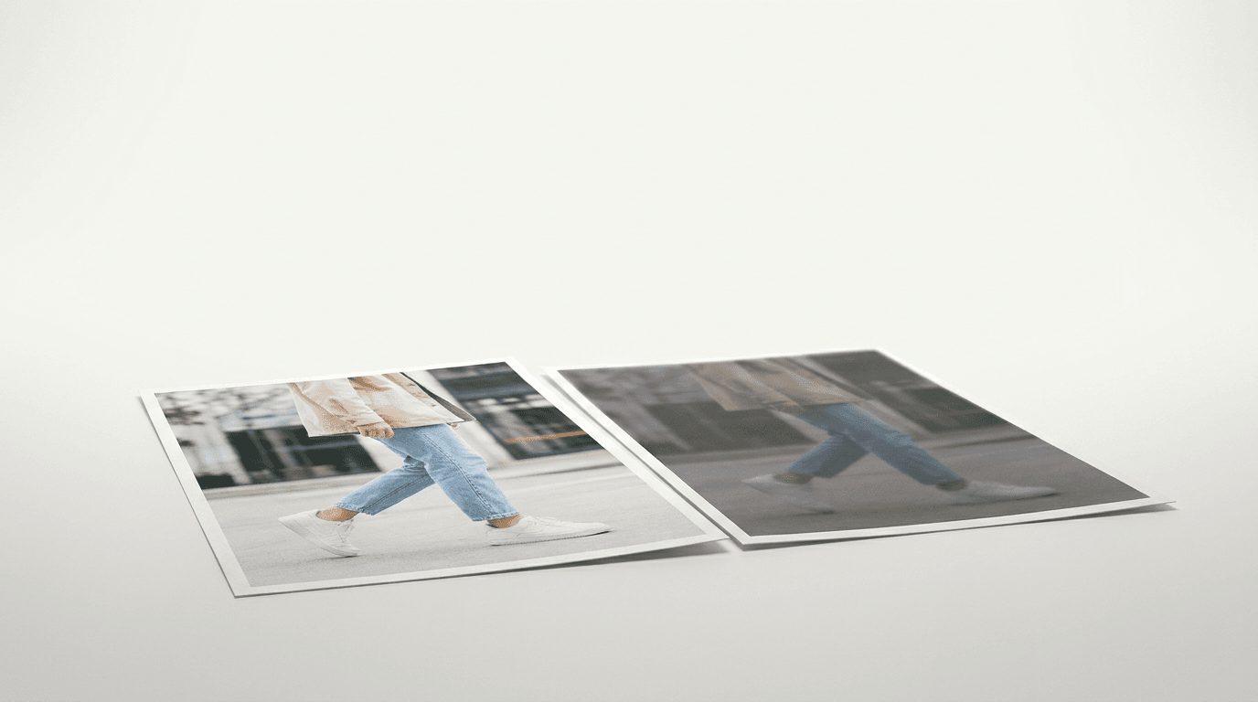 a sharp, evenly lit full-length photo next to a soft, underexposed one of the same framing