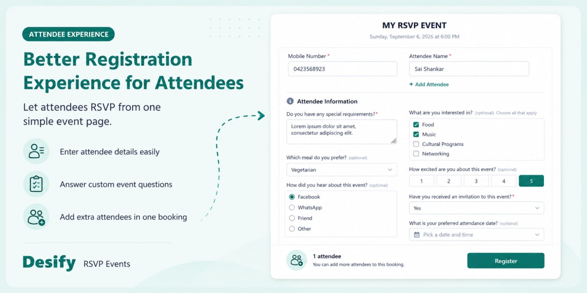 Attendee registration form with custom questions
