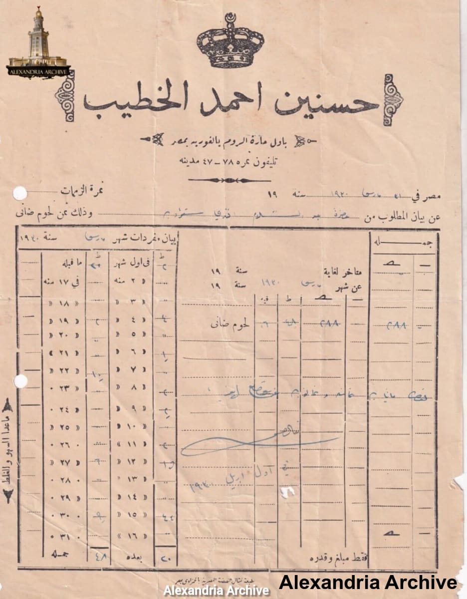 هذه صورة لـ فاتورة قديمة تعود لمحل جزارة يملكه شخص يدعى حسنين أحمد الخطيب فاتورة ثمن لحوم ضاني ترجع لعام 1930م