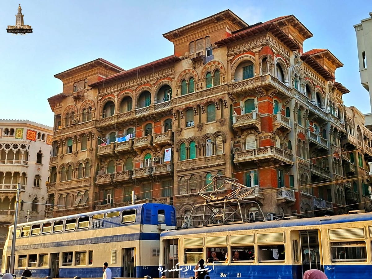 This picture documents a historical scene in the city of Alexandria, specifically in the Raml Station area. 