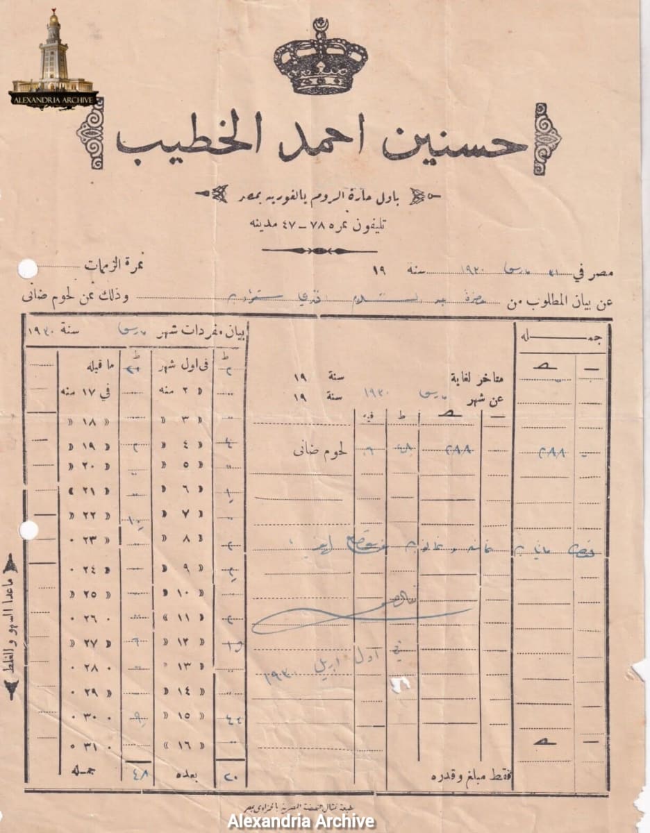 This is a picture of an old invoice from a butcher shop owned by a man named Hassanein Ahmed Al-Khatib. The invoice is for the price of lamb meat and dates back to 1930 AD. 