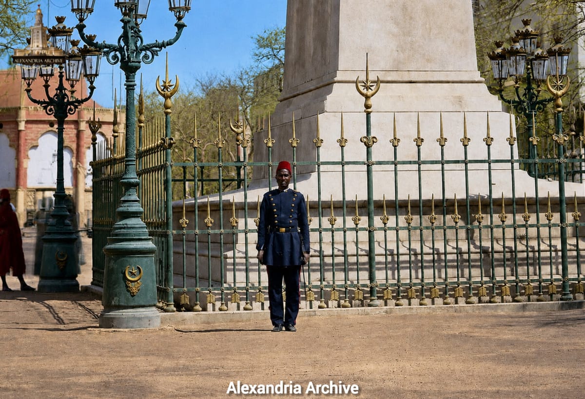This rare photograph shows an Egyptian soldier standing next to the statue of Muhammad Ali Pasha in Mansheya Square, and dates back to approximately 1915 AD. 