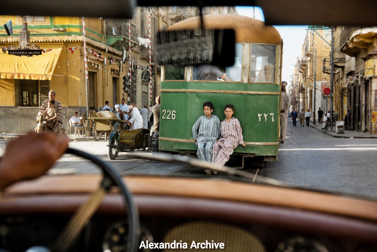 This historical photograph shows a scene from the streets of Alexandria during approximately 1962. 