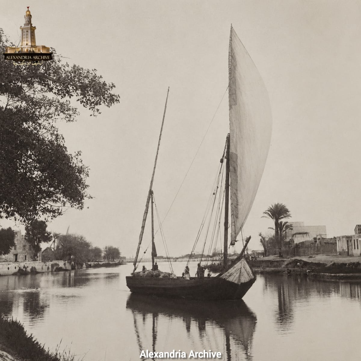 This is a historical photograph documenting maritime life in the past: The photograph shows a traditional sailing vessel (felucca) sailing in the sea, dating back to the early twentieth century. 