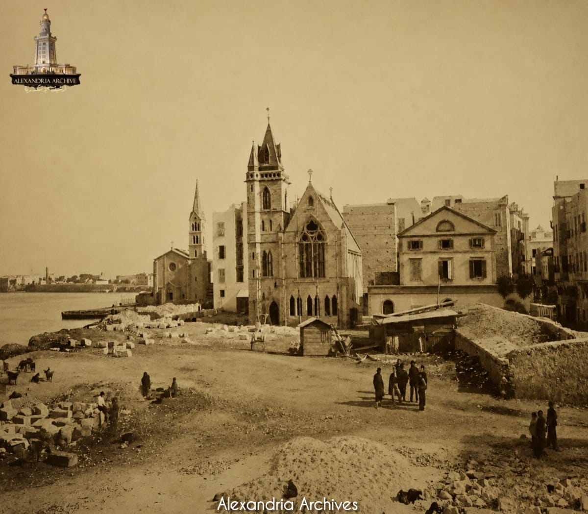 Mansheya Square in Alexandria, dating from approximately 1865 to 1874. The image shows the square before it was fully planned, as the land in front of the church (now the site of the Tomb of the Unknown Soldier) was heavily damaged during the bombardment of Alexandria in 1882 during the British occupation, drastically altering the square's features. 