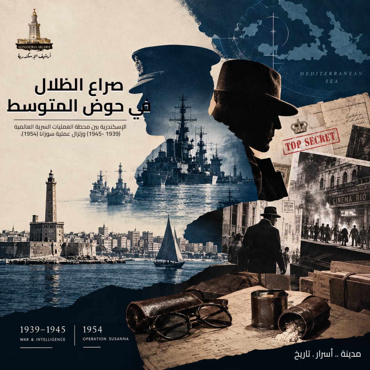 Map of Alexandria during World War II showing key intelligence locations or a composite image representing espionage activities in the city.