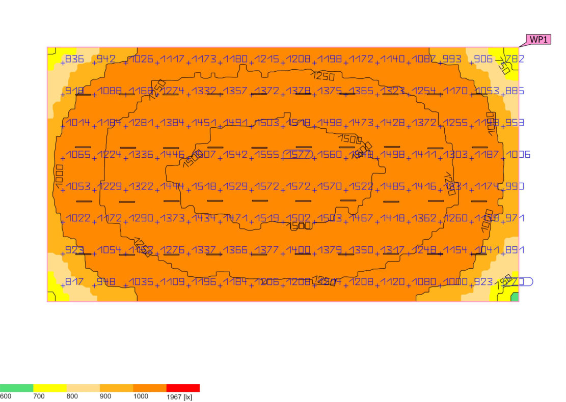 Caferağa Kapalı Spor Salonu DIALux aydınlık dağılım haritası, 300W seçenek Kademe 3 (L1 + L2 + L3, 40 LED yüksek tavan armatür)