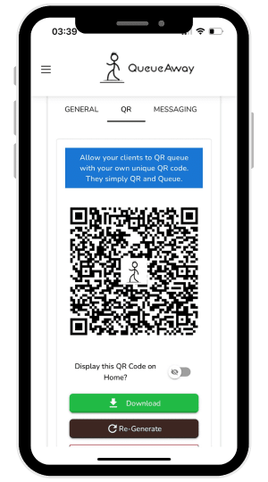 Queue management app showing the queue app customers queueing with QR code on an app