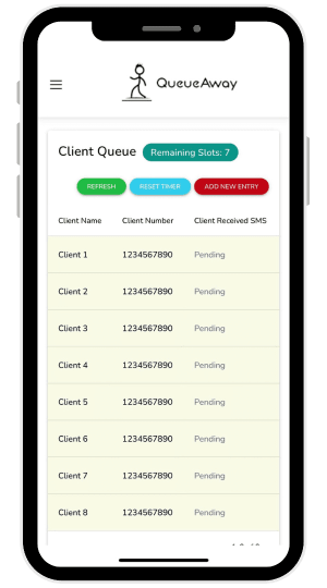 Queue management app showing the queue app list of customers