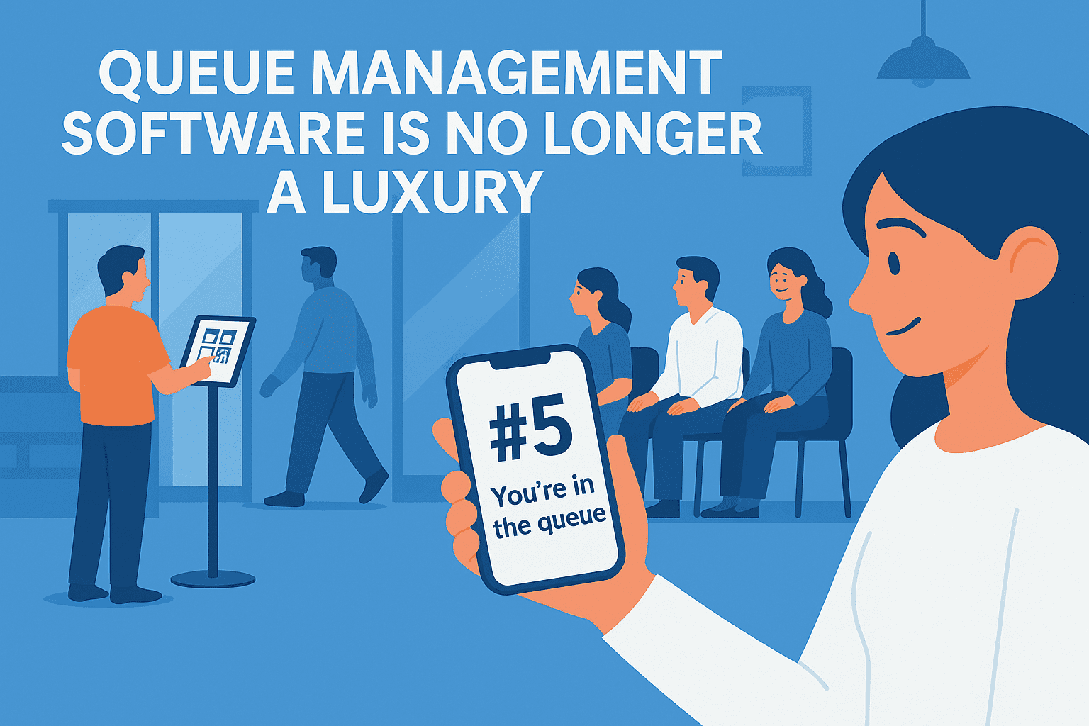 Cartoon-style illustration of people using an app for queue management software, showing a mobile phone with a virtual queue number and seated customers waiting their turn.