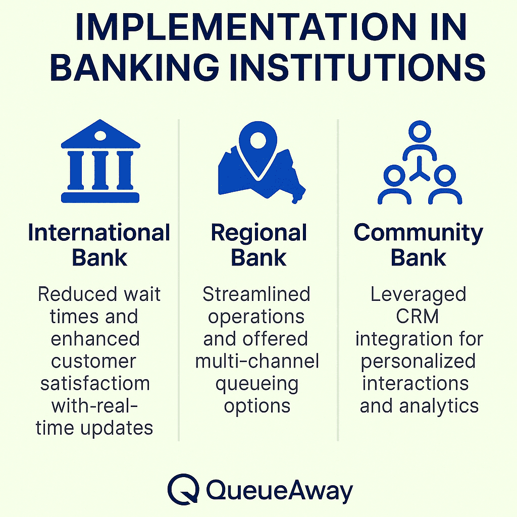 Infographic featuring case studies of QueueAway queue management implementation in international, regional, and community banks, with icons and descriptions highlighting benefits like real-time updates and CRM integration.