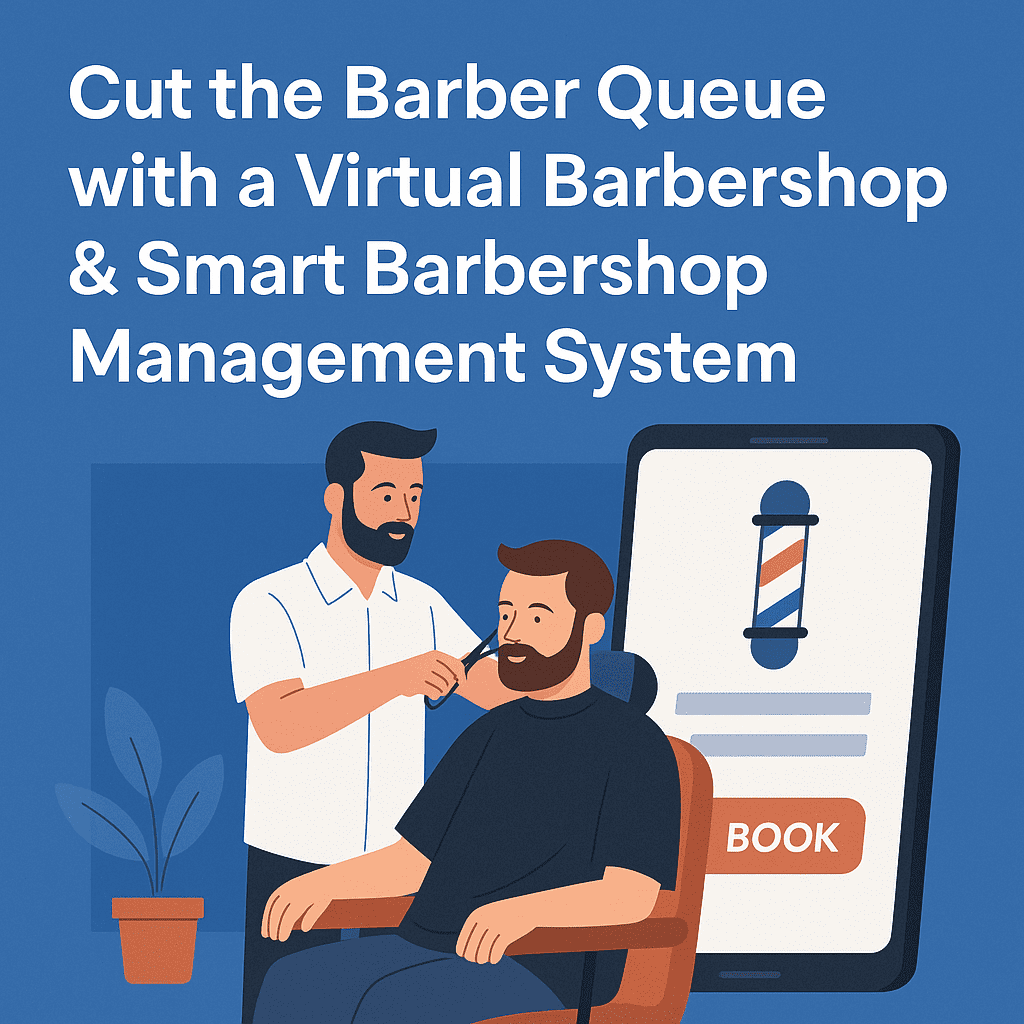 Illustration of a barber cutting a client's hair next to a mobile app interface for virtual barbershop booking, representing a barbershop management system reducing barber queues.