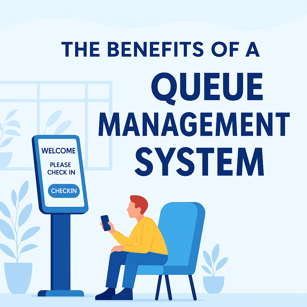 Illustration of a customer using a digital check-in kiosk in a modern setting, emphasizing the benefits of queue management systems for improving service efficiency and customer experience, designed by QueueAway.