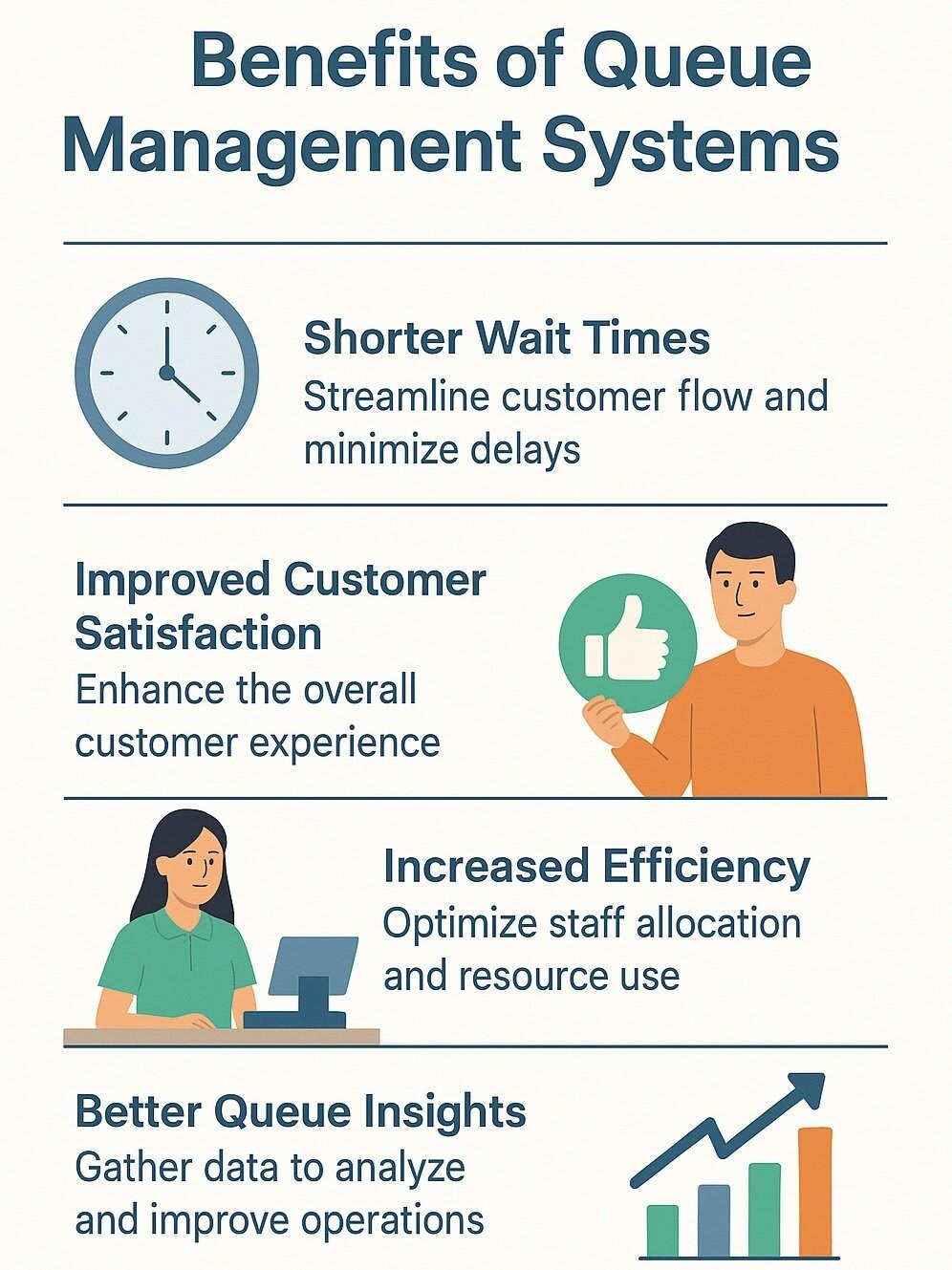 Visual showing benefits of queue systems including shorter waits, better customer satisfaction, improved staff efficiency, and actionable queue insights.
