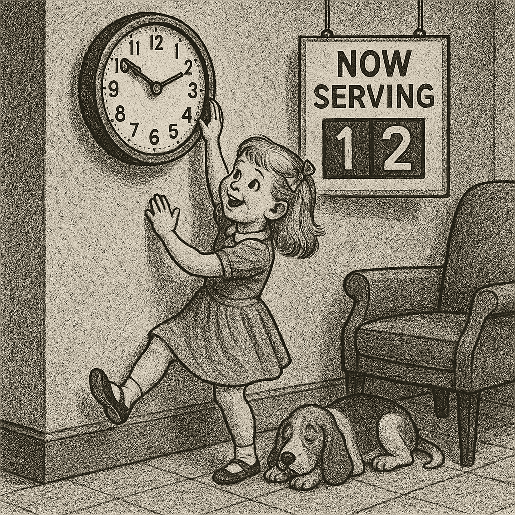 Smiling child adjusting a wall clock in a waiting room beside a “Now Serving” sign, symbolizing improved wait times through an app for queue management.