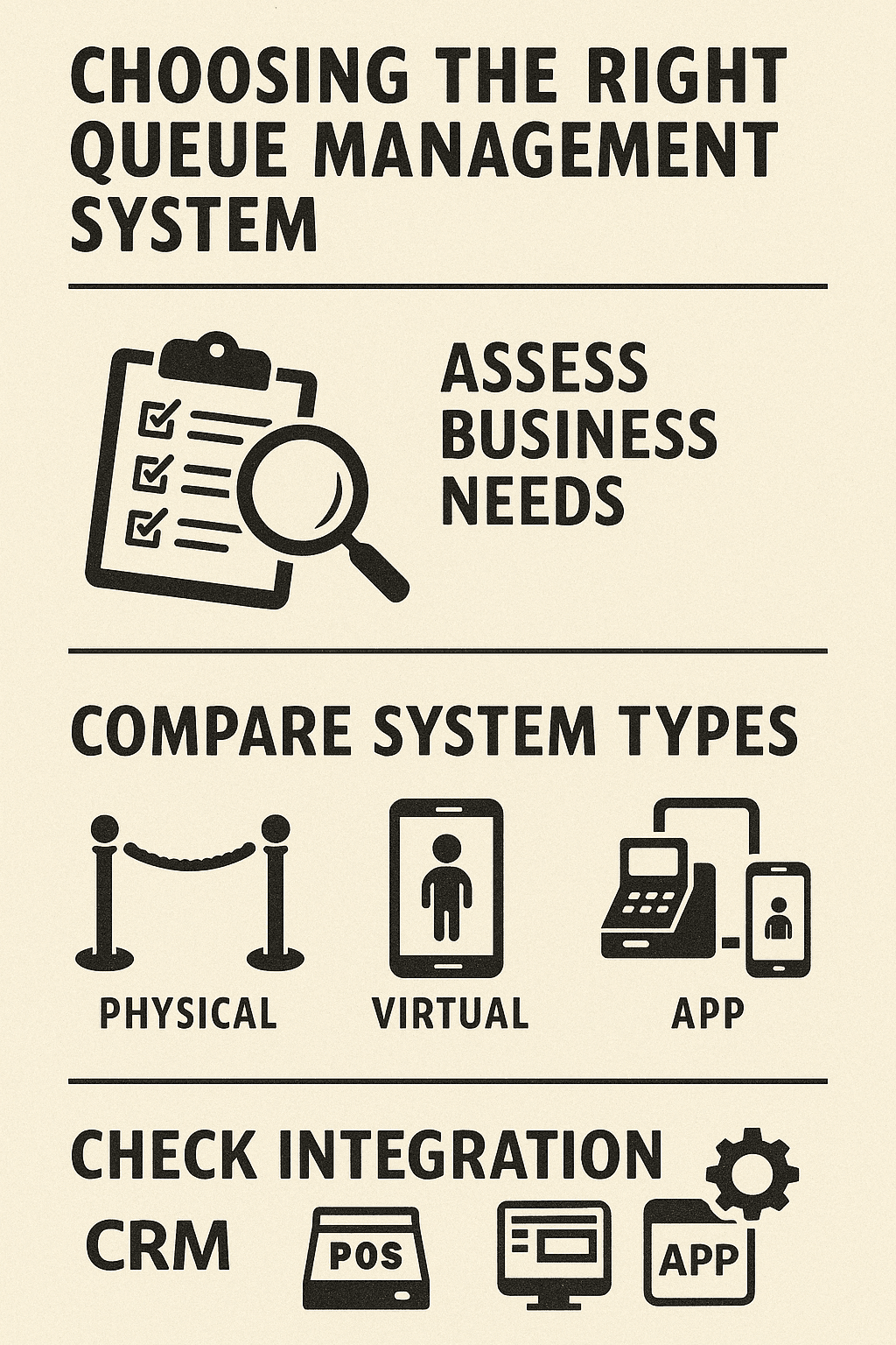 Black-and-white infographic illustrating steps for choosing a queue management system: assess business needs, compare physical, virtual, and hybrid system types, and ensure integration with CRM, POS, and apps.