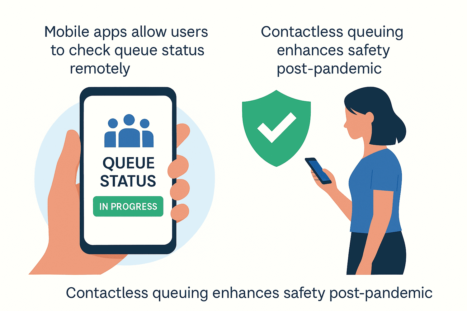 Flat-style digital illustration of a customer using a mobile app to check their place in a virtual queue, demonstrating how a Virtual Queue Management System enables safe, contactless queuing.