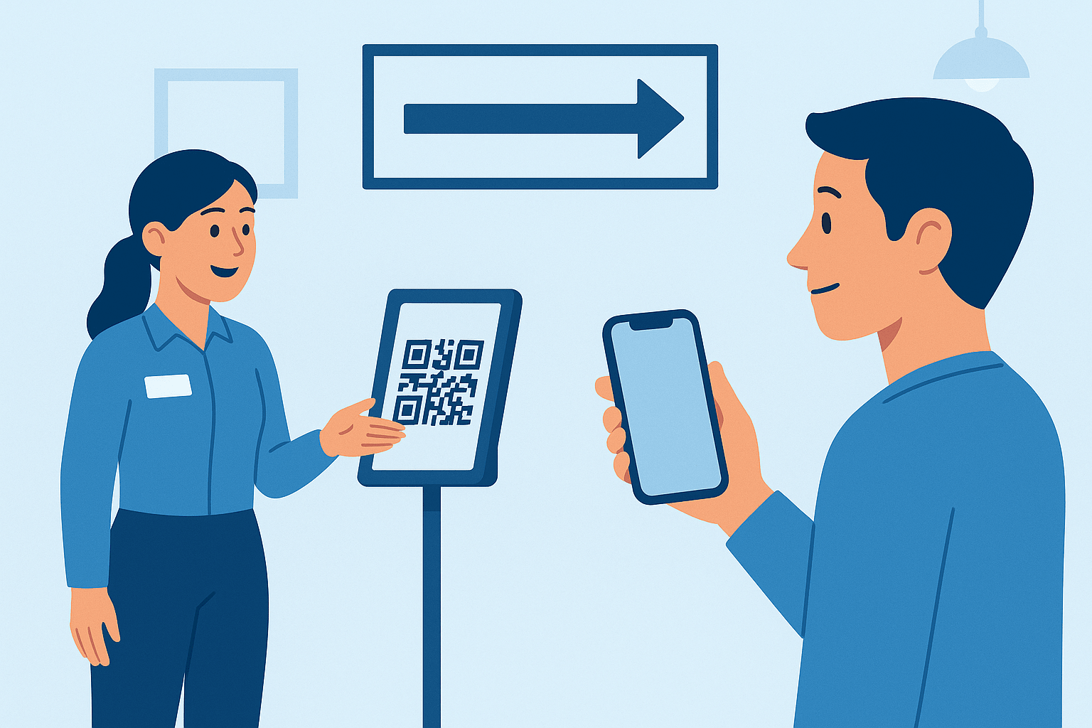 Illustration showing a staff member guiding a customer on how to use a digital kiosk to check in to a customer queue management system using a QR code and smartphone.