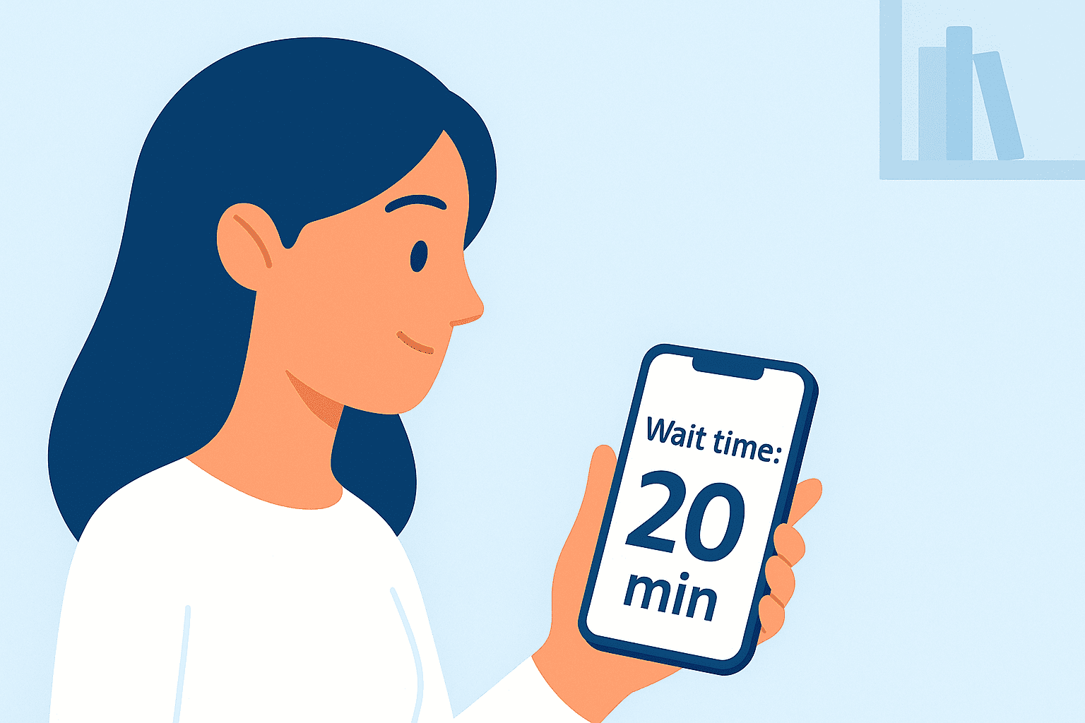Illustration of a woman checking her smartphone for waiting time using a customer queue management system in a modern, blue-toned digital environment.