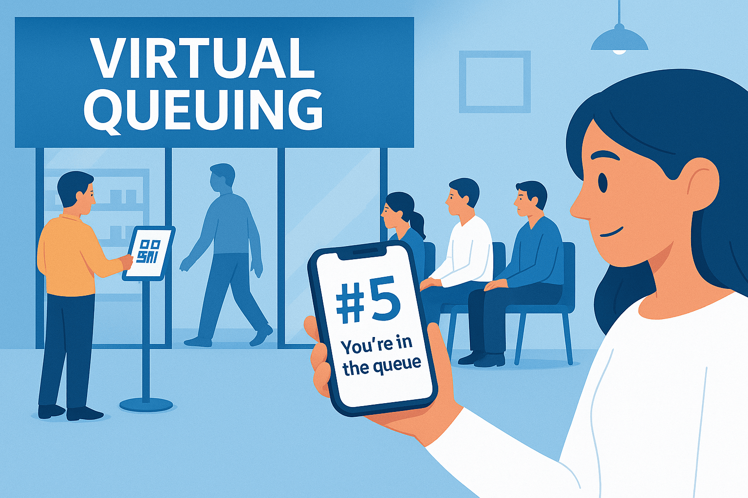 Flat-style illustration of a customer queue management system showing people waiting in line at a service desk, with a digital display showing the current number being served.