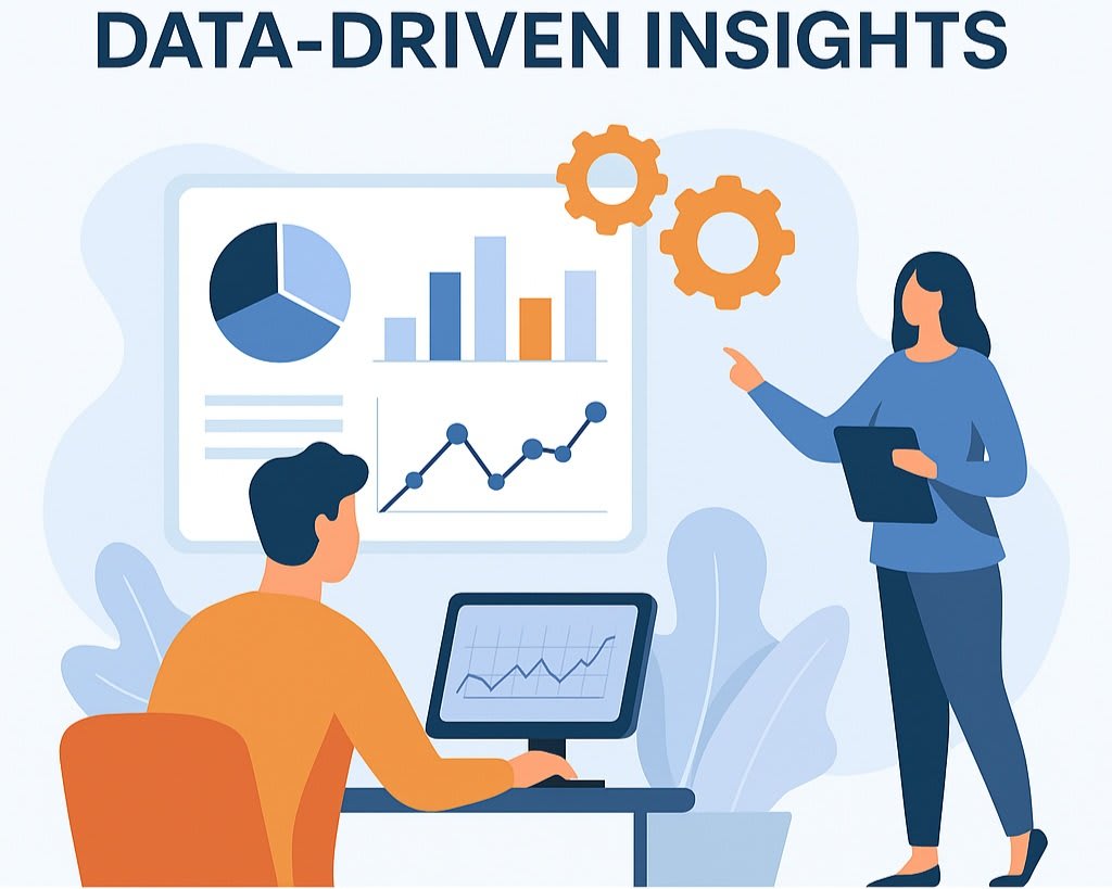 Illustration of analysts reviewing performance charts and graphs, highlighting how QueueAway’s queue management system software provides actionable, data-driven insights for business growth.